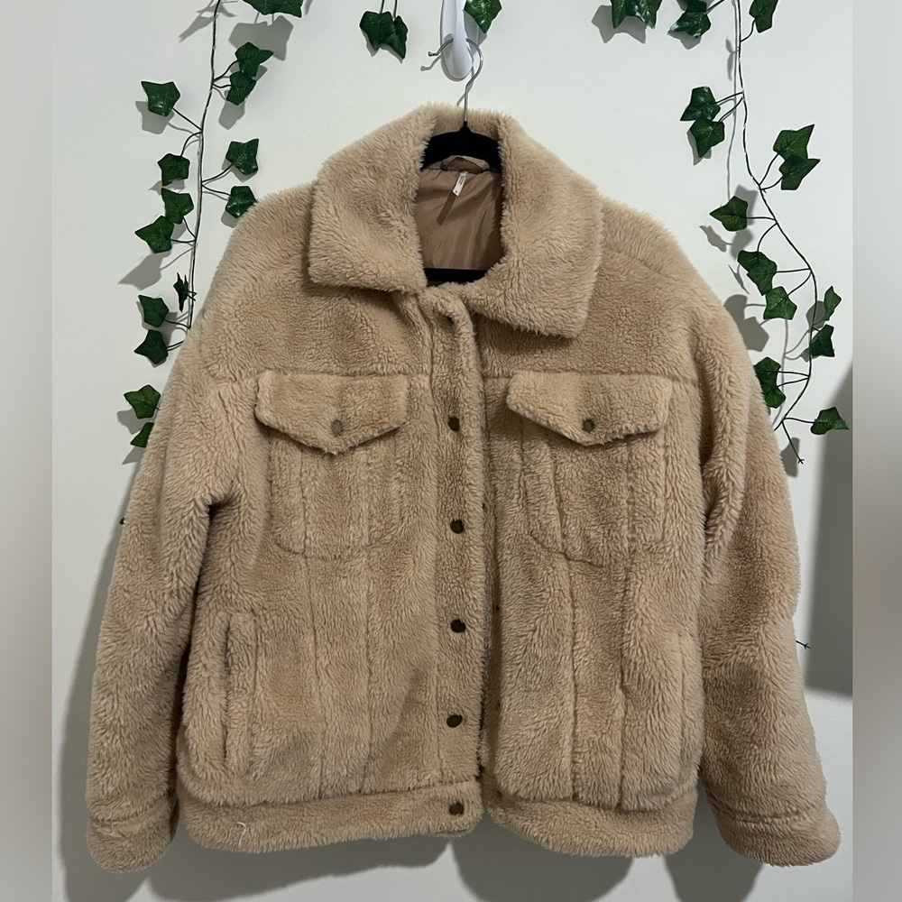 Free People Heavy Teddy Bear Tan Swing Jacket Coat Size M